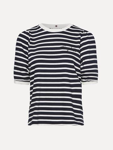 Női Tommy Hilfiger Stripe Crewneck Top Póló Fekete Fehér | HU 476TCE